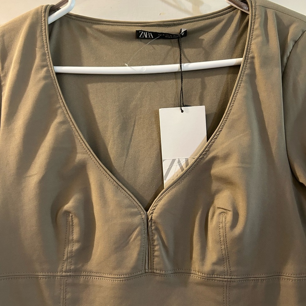 Zara Olive Long Sleeve V-Neck Dress - Picture 2 of 3